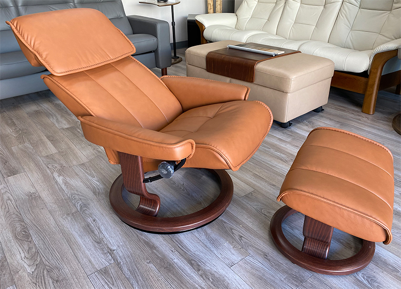 Stressless Admiral Recliner in New Cognac Paloma Leather and Brown Wood Stain Base