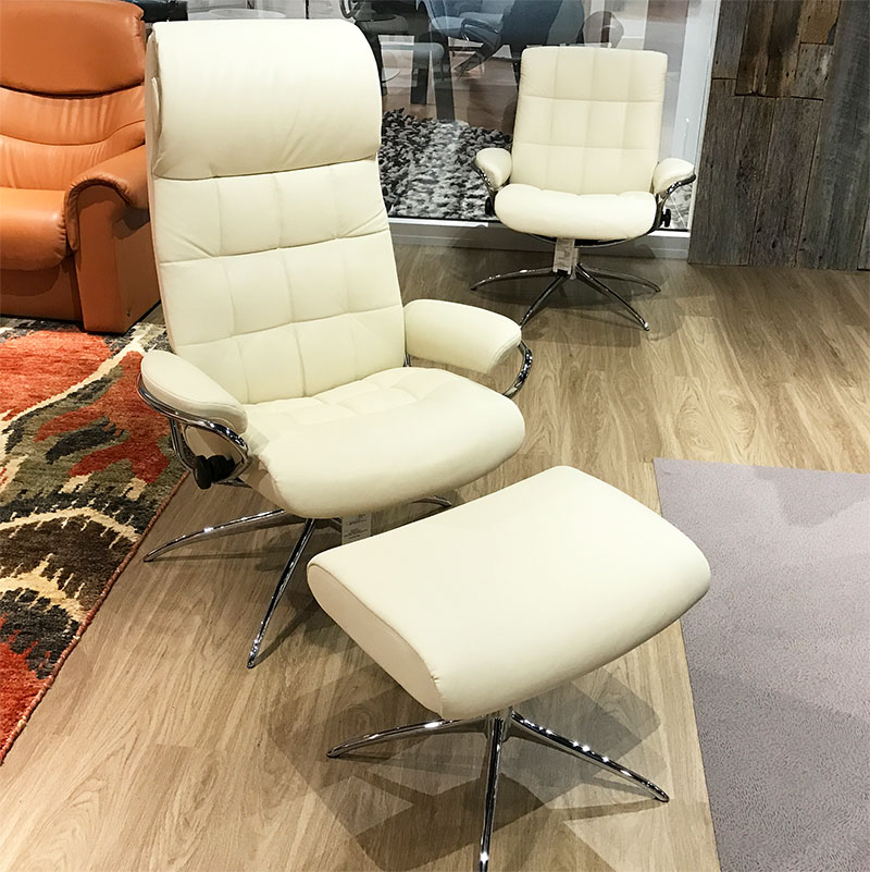 Stressless London High Back Recliner Chair and Ottoman in Paloma Vanilla White Leather  by Ekornes