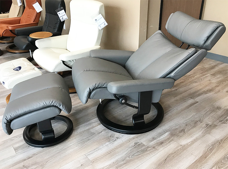 Stressless Magic Paloma Metal Grey Color Leather Recliner Chair and Ottoman