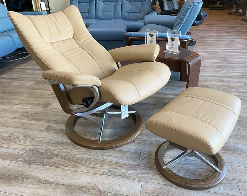 Stressless Wing Signature Polished Aluminum Base Recliner Chair and Ottoman in Paloma Sand Leather with Light Walnut Wood Base