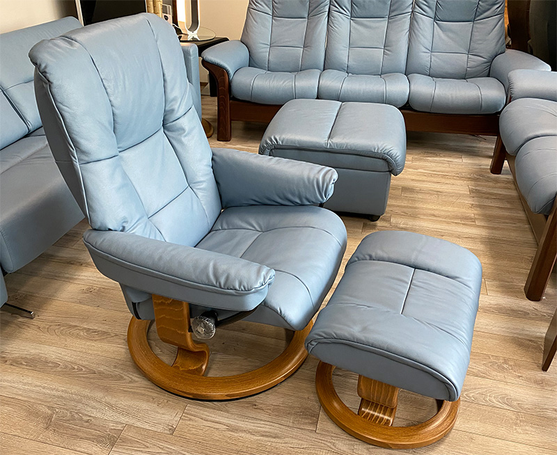 Stressless Mayfair Paloma Sparrow Blue Leather Recliner Chair and Ottoman by Ekornes