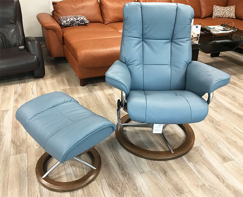 Stressless Mayfair Signature Base Paloma Sparrow Blue Leather Recliner Chair and Ottoman by Ekornes
