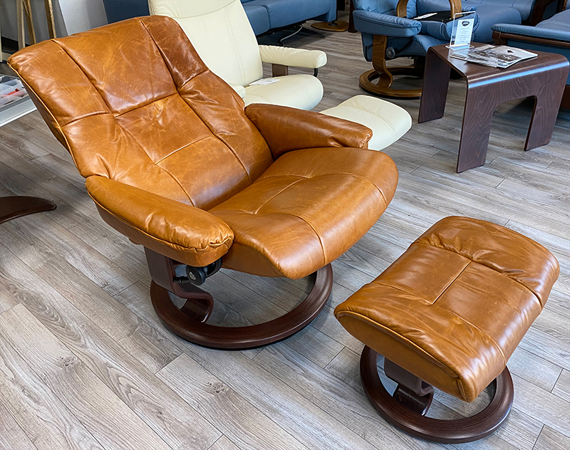 Stressless Mayfair Pioneer Cognac Leather Recliner Chair and Ottoman by Ekornes