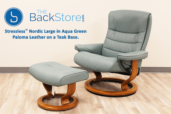 Stressless Nordic Large Paloma Aqua Green Color Leather Recliner Chair and Ottoman