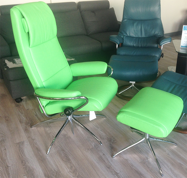 Stressless Paris Summer Green Paloma Leather Recliner Chair and Ottoman
