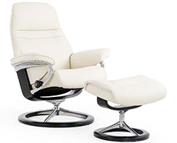 Stressless Sunrise Signature Polished Aluminum and Wood Base Recliner Chair and Ottoman
