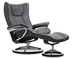 Stressless Wing Signature Polished Aluminum Base Recliner Chair and Ottoman