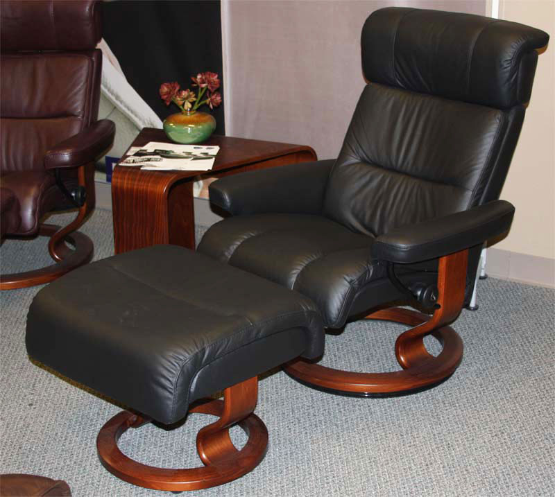 Stressless Savannah Black Paloma Leather Recliner Chair and Ottoman by Ekornes