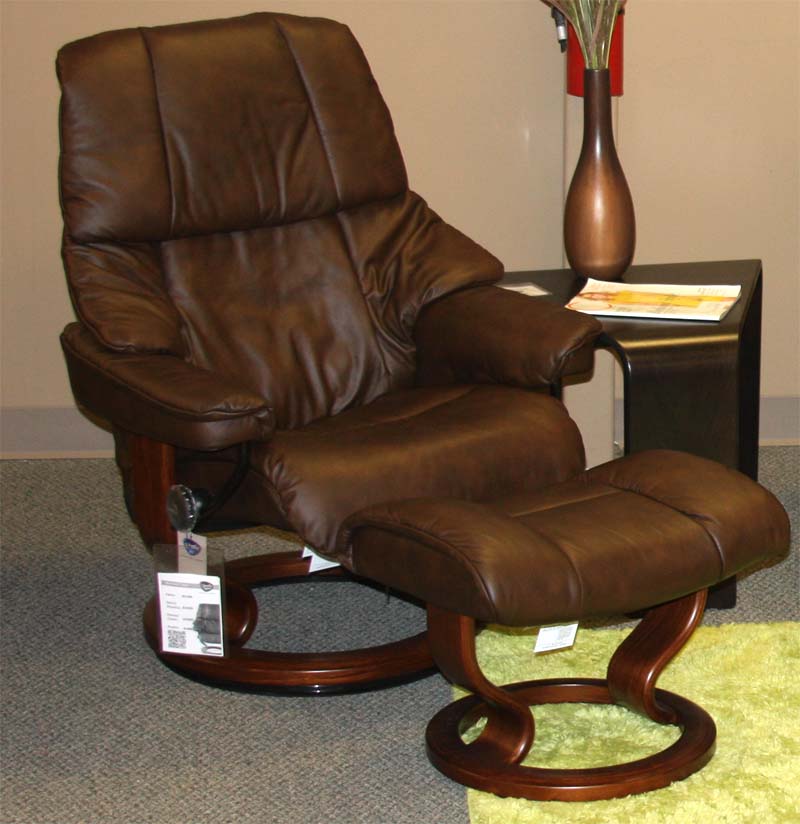 Stressless Tampa Paloma Chocolate Leather Recliner Chair and Ottoman - Walnut Wood 