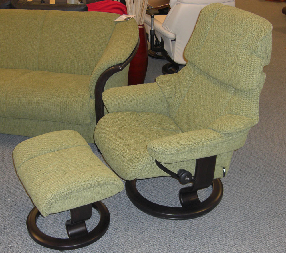 Stressless Vegas Green Fabric Recliner Chair and Ottoman - Walnut Wood 