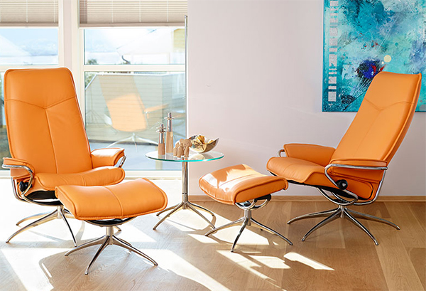 Stressless City High Back Clementine Leather Recliner Chair and Ottoman by Ekornes