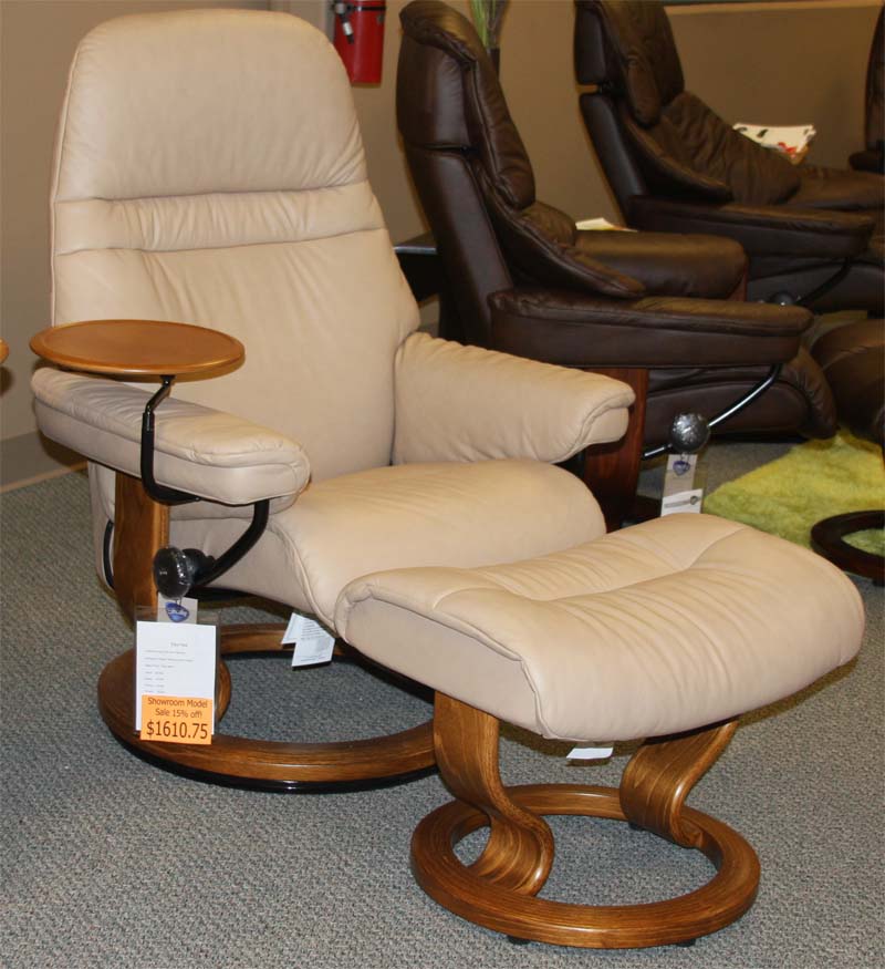 Stressless Sunrise Paloma Sand Leather Recliner Chair and  Ottoman - Teak Wood