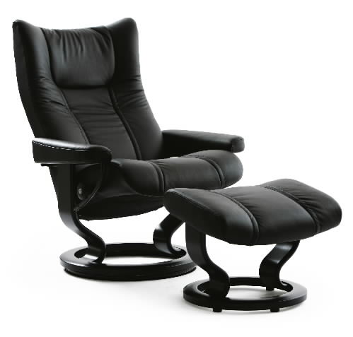 Stressless Eagle Black Paloma Leather Recliner Chair and Ottoman by Ekornes