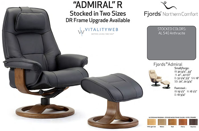 Fjords Admiral R Base Leather Recliner Chair and Ottoman Information