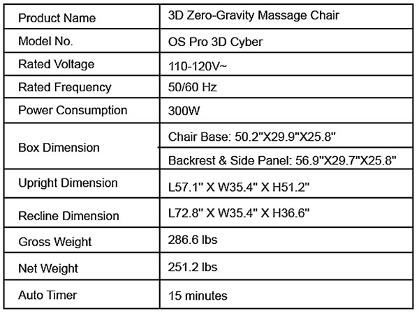 Osaki OS-3D Pro Cyber Zero Gravity Massage Chair Specifications