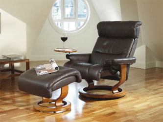 Stressless Savannah Recliner Chair and Ottoman Royalin Amarone with Cherry Wood Base