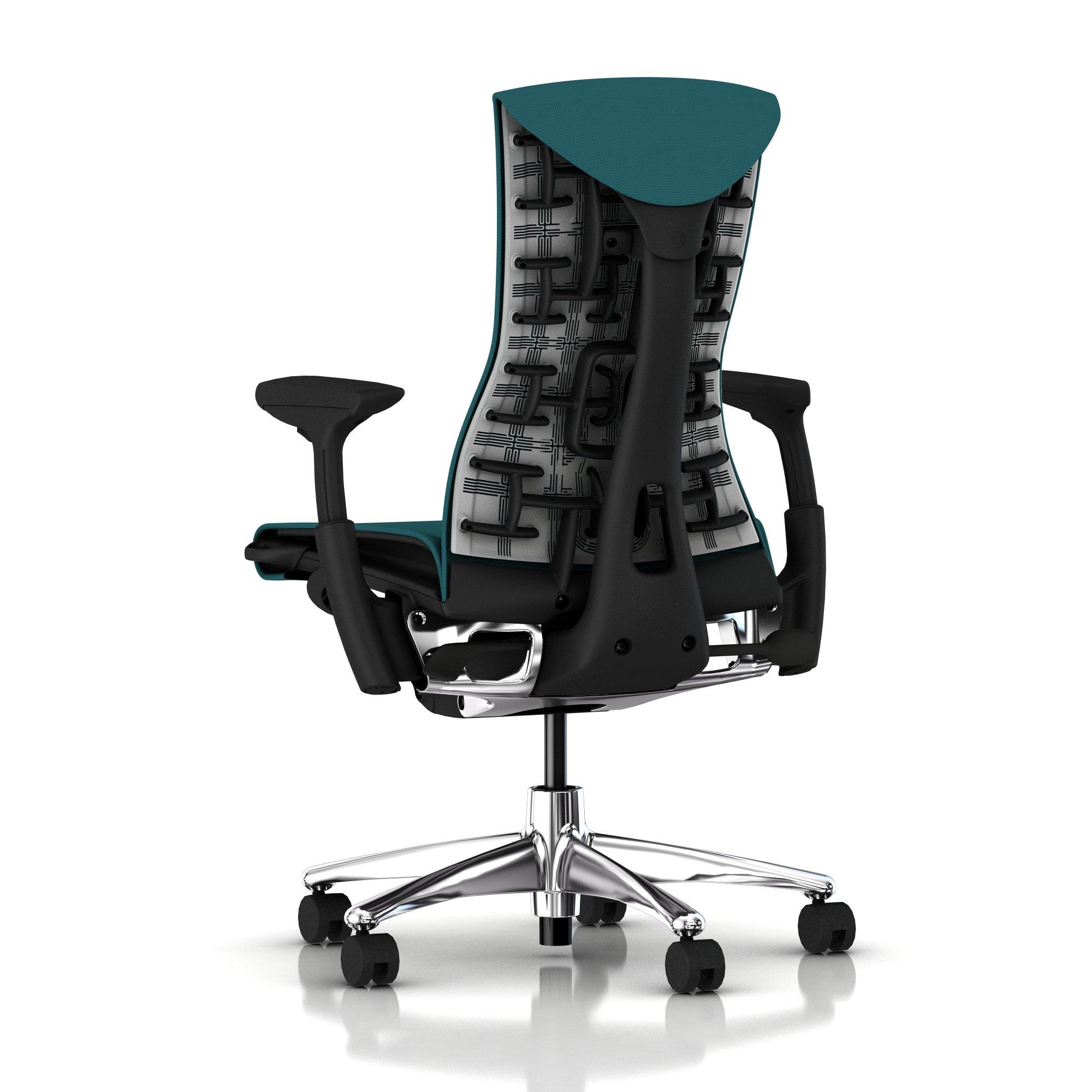 Herman Miller Embody Chair Peacock Rhythm with Graphite Frame and Polished Aluminum Chrome Base. Aluminum Embody Home Office Task Chair by Herman Miller.