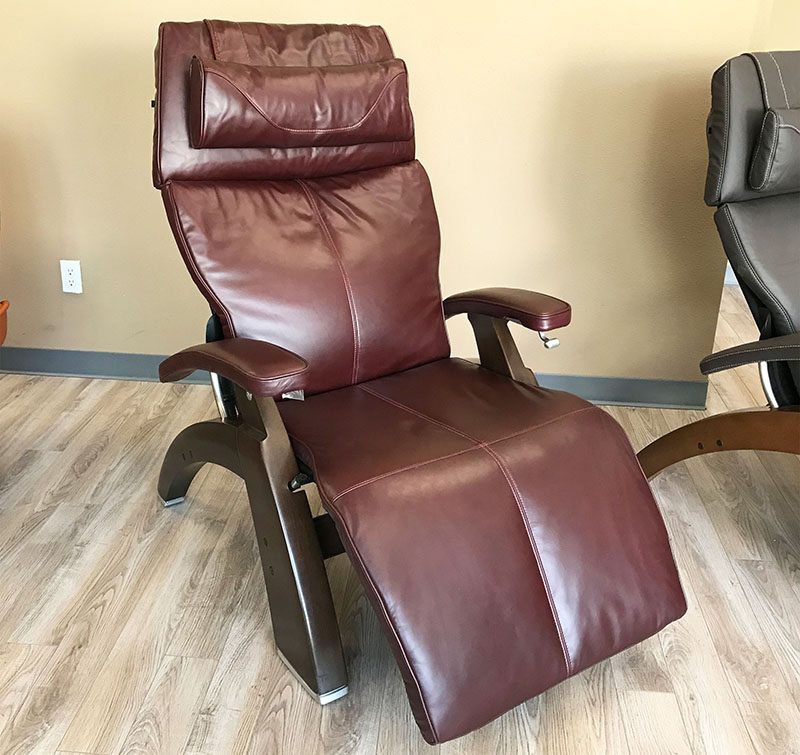 Burgundy Premium Leather PC-420 Perfect Chair Classic Manual Recline Dark Walnut Wood Recliner by Human Touch