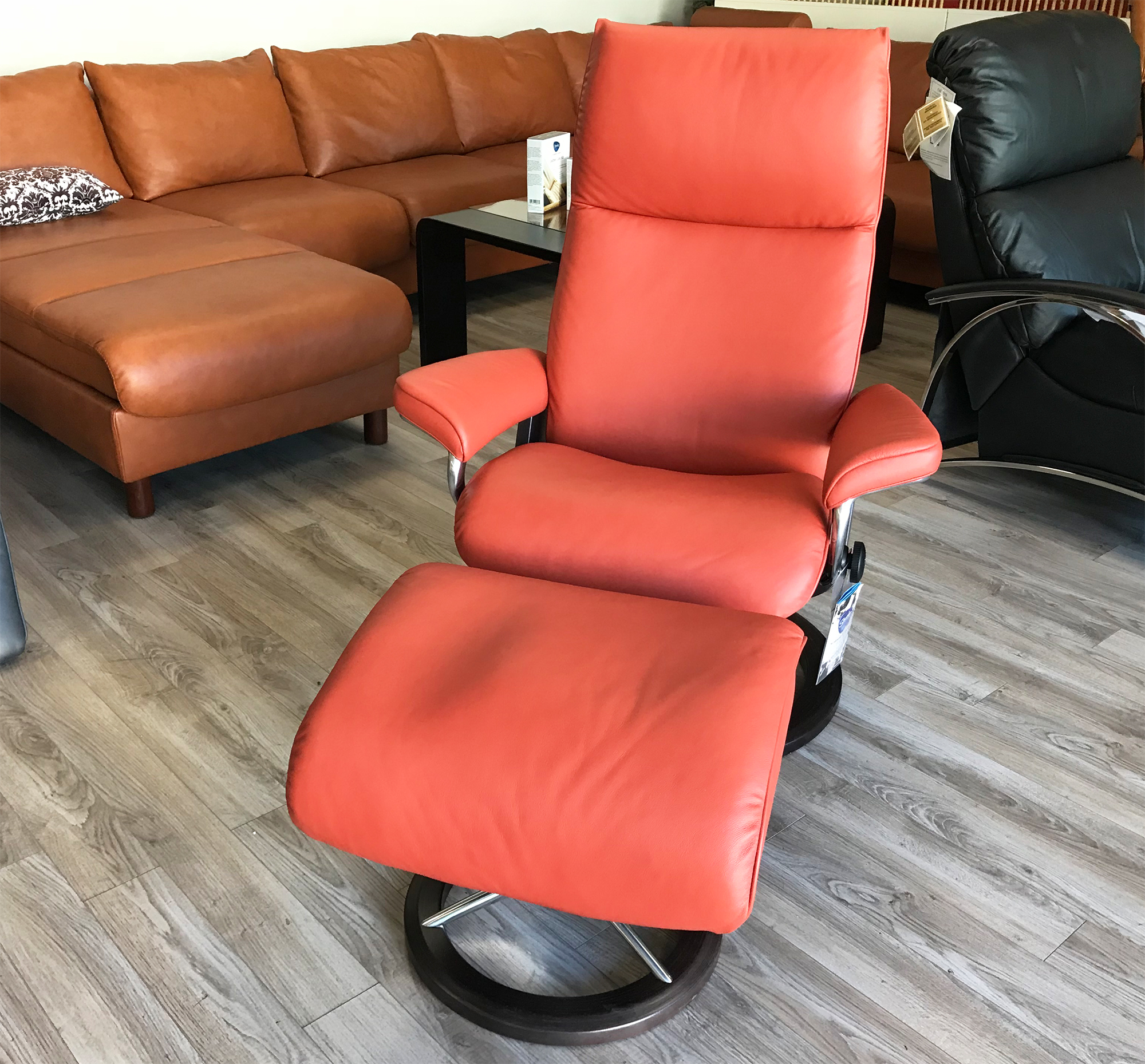 Stressless Aura Signature Base Chair Ekornes Paloma Leather and Stressless Ottoman Leather Henna Recliner Aura Base Henna Recliners by Chairs Paloma Signature 