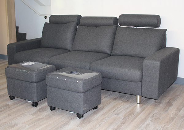 Stressless E200 Sofa in Calido Dark Grey Fabric with Headrest and Ottoman