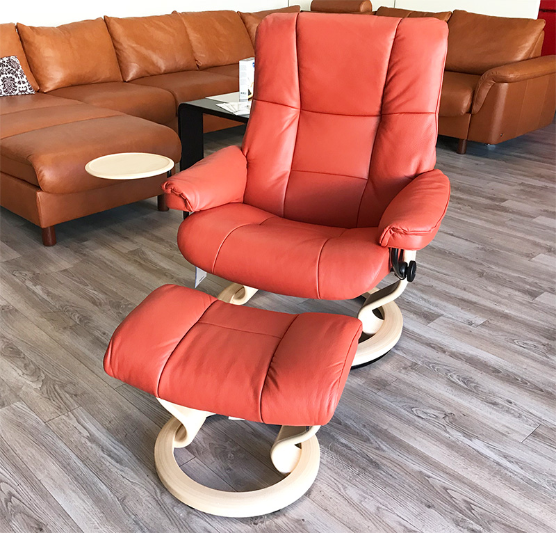 Stressless Kensington Paloma Henna Leather Recliner Chair and Ottoman with Natural Wood by Ekornes