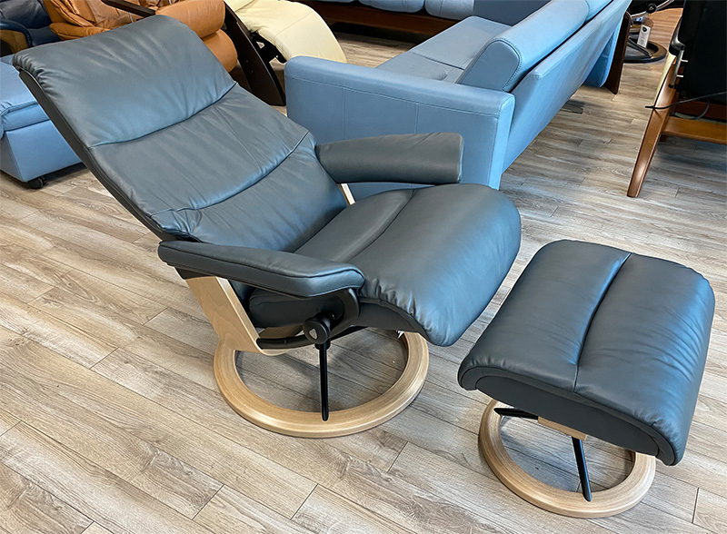 Stressless View Signature Matte Black Base Paloma Shadow Blue Leather with Oak Wood Stain Base Recliner Chair by Ekornes