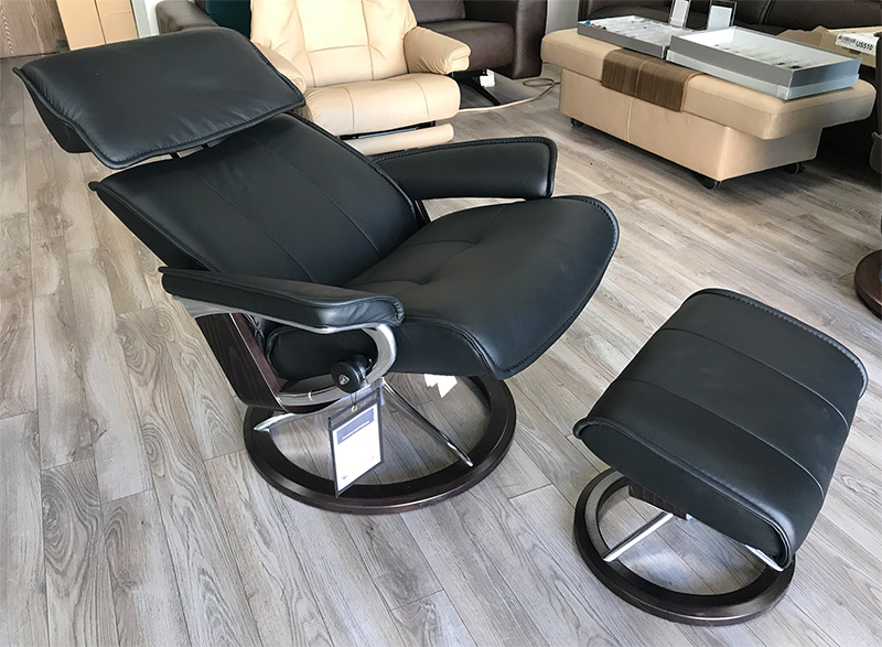 Stressless Admiral Signature Chrome Rocking Base Paloma Black Leather Recliner Chair and Ottoman by Ekornes