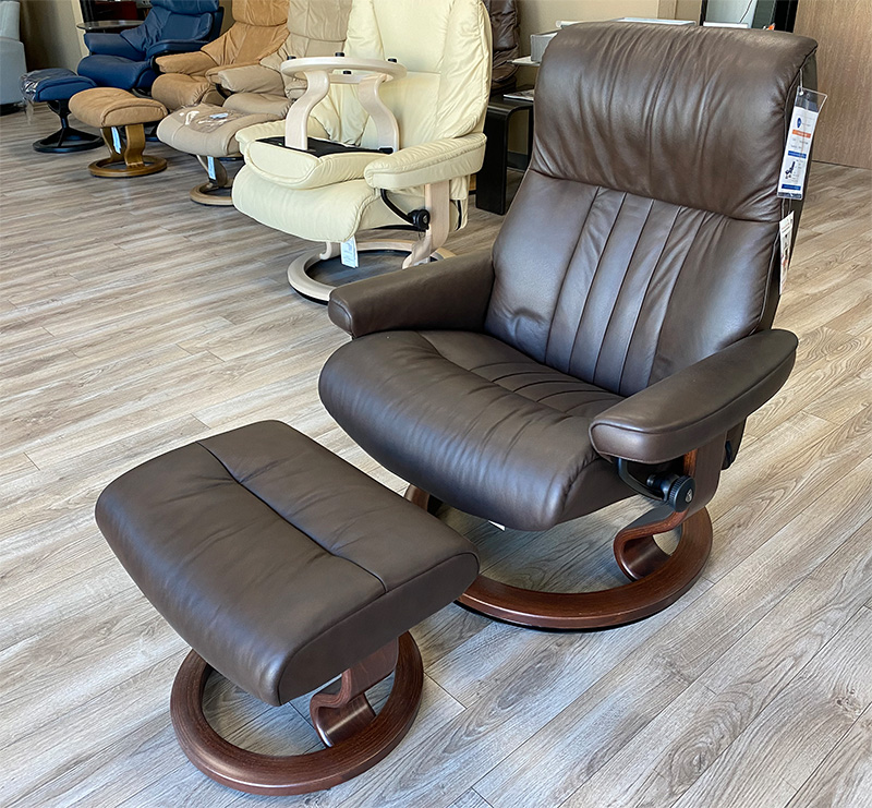 Stressless Crown Classic Base Recliner Chair in Paloma Chocolate Leather Brown Wood by Ekornes