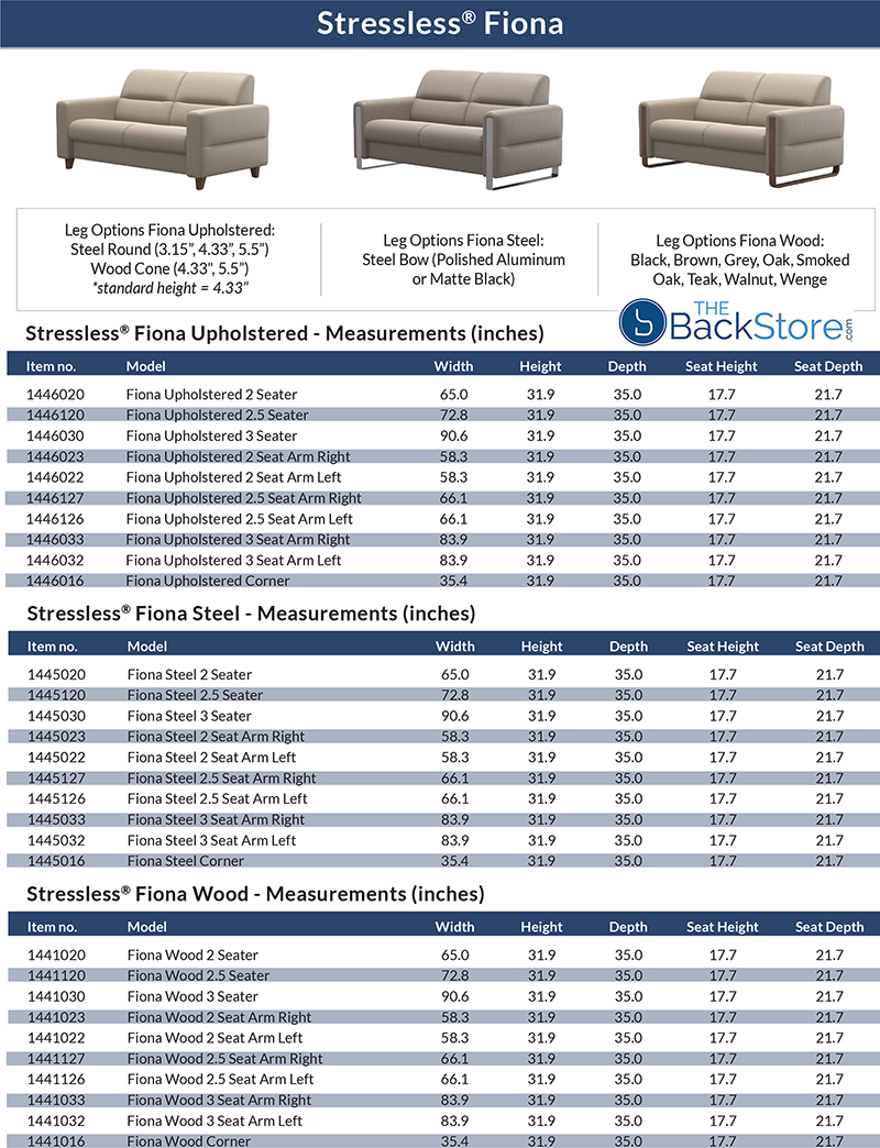 Stressless Fiona Upholstered Sofa, Loveseat and Sectional measurements by Ekornes