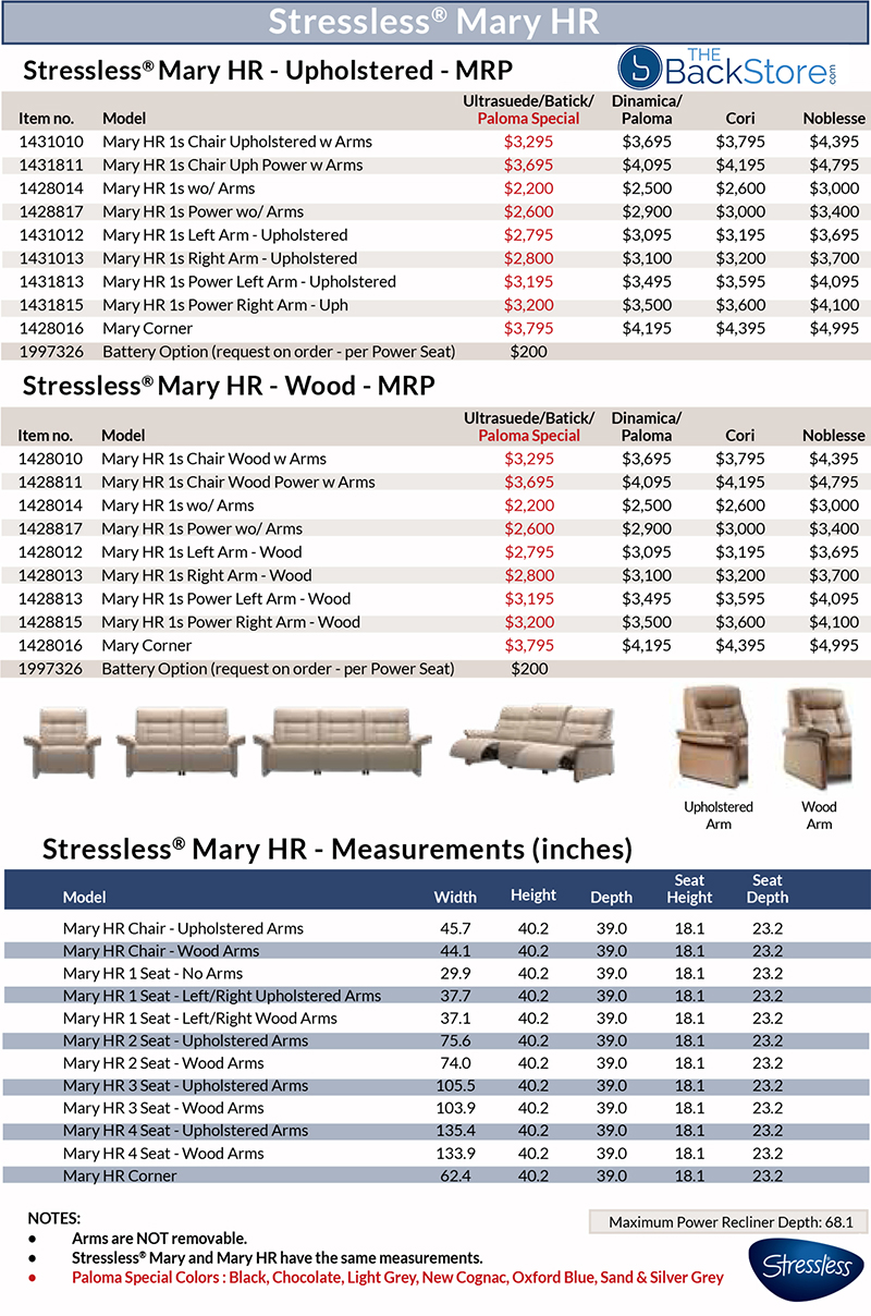 Stressless Mary HR Manual Sofa Loveseat Chair Sectional Dimensions