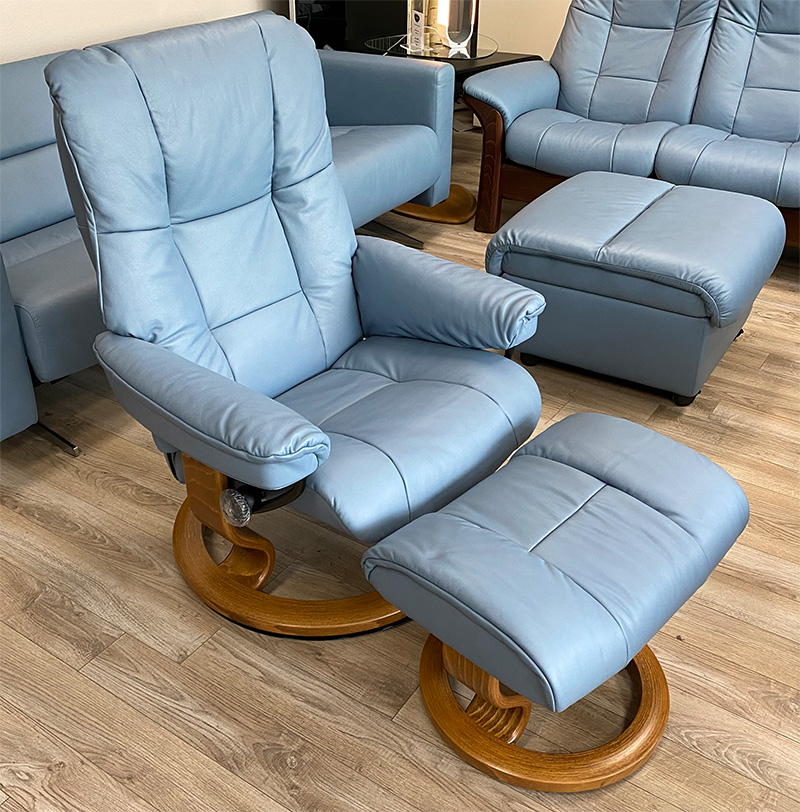 Stressless Mayfair Classic Base Paloma Sparrow Blue Leather Recliner Chair and Ottoman by Ekornes