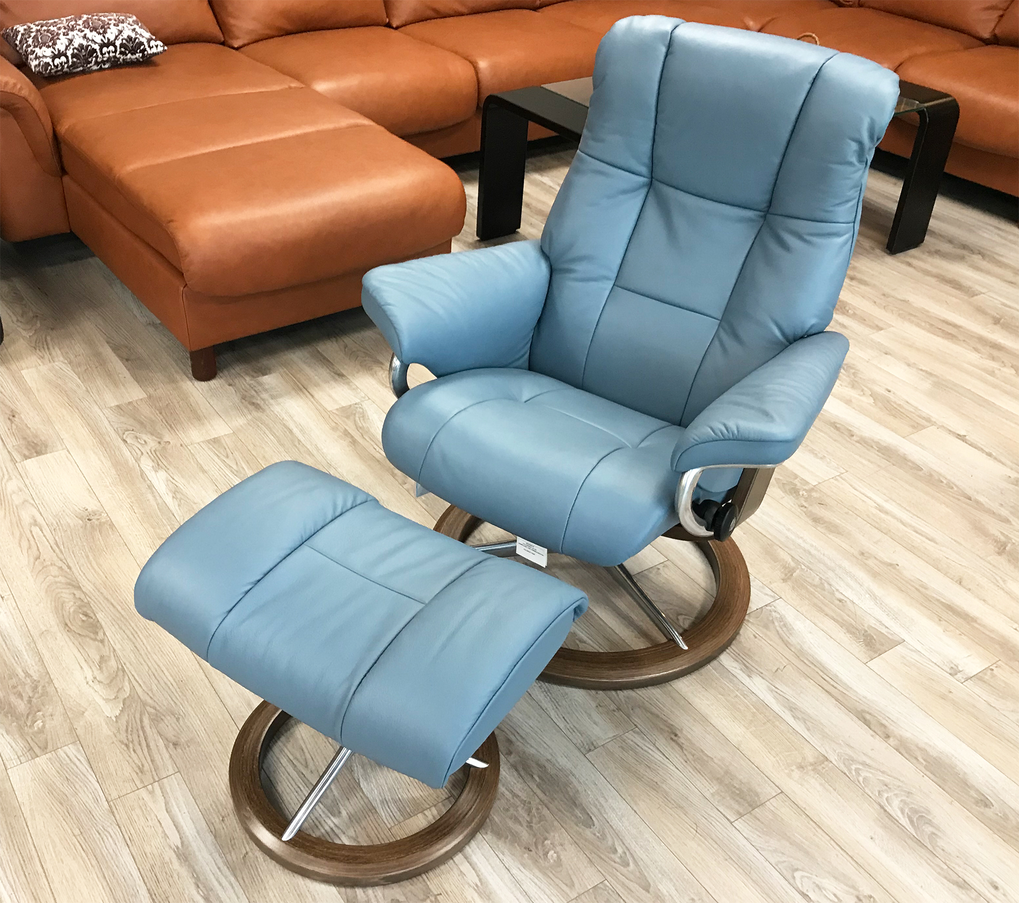 Stressless Mayfair Paloma Sparrow Blue Leather Recliner Chair and Ottoman by Ekornes