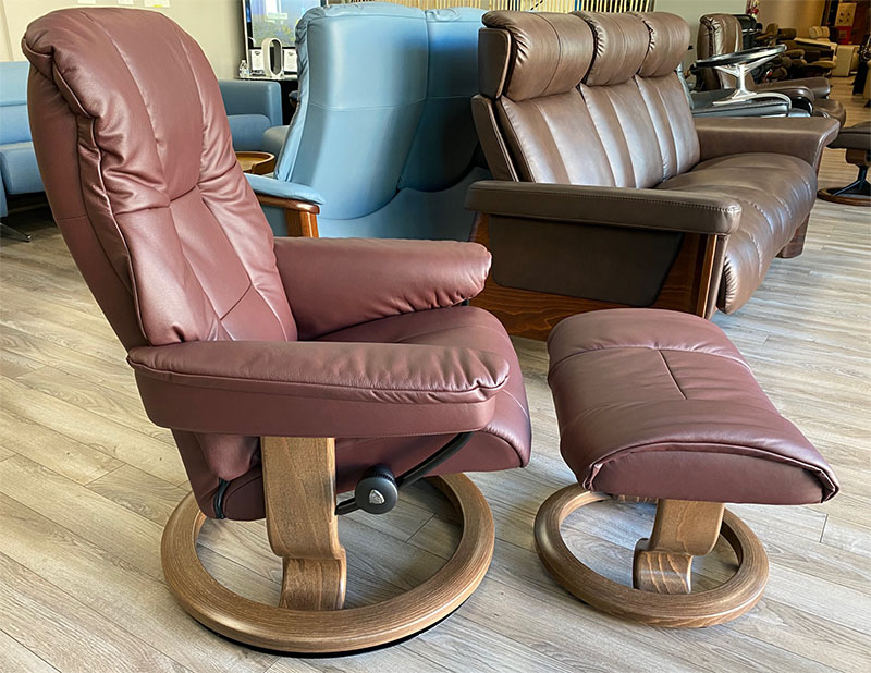 Stressless Mayfair Classic Base Paloma Bordeaux Leather Recliner Chair and Ottoman by Ekornes