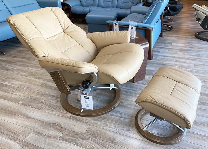 Stressless Mayfair Signature Chrome Base Walnut Wood Paloma Sand Leather Recliner Chair by Ekornes