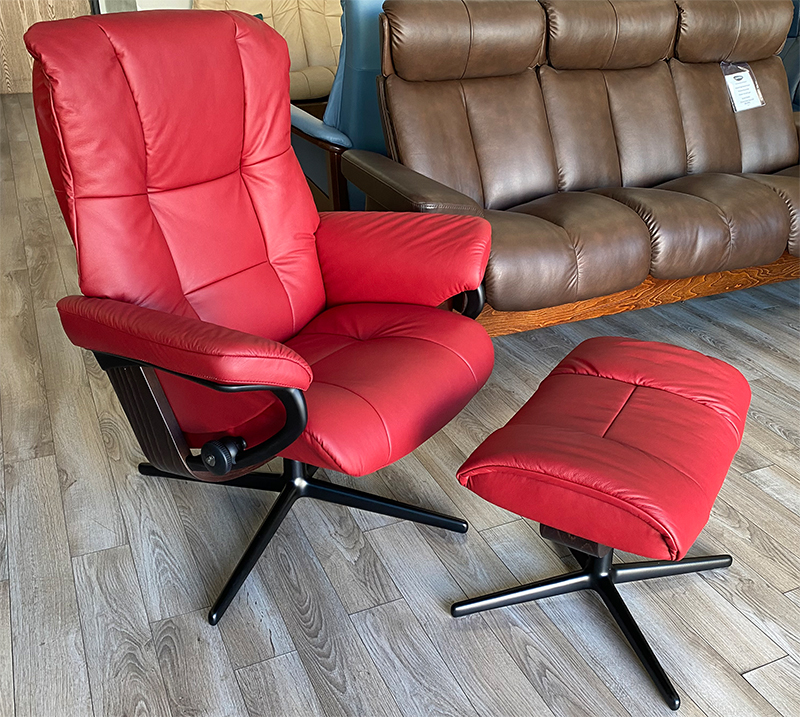 Stressless Mayfair Signature Matte Black Base Paloma Cherry Recliner Chair and Ottoman by Ekornes