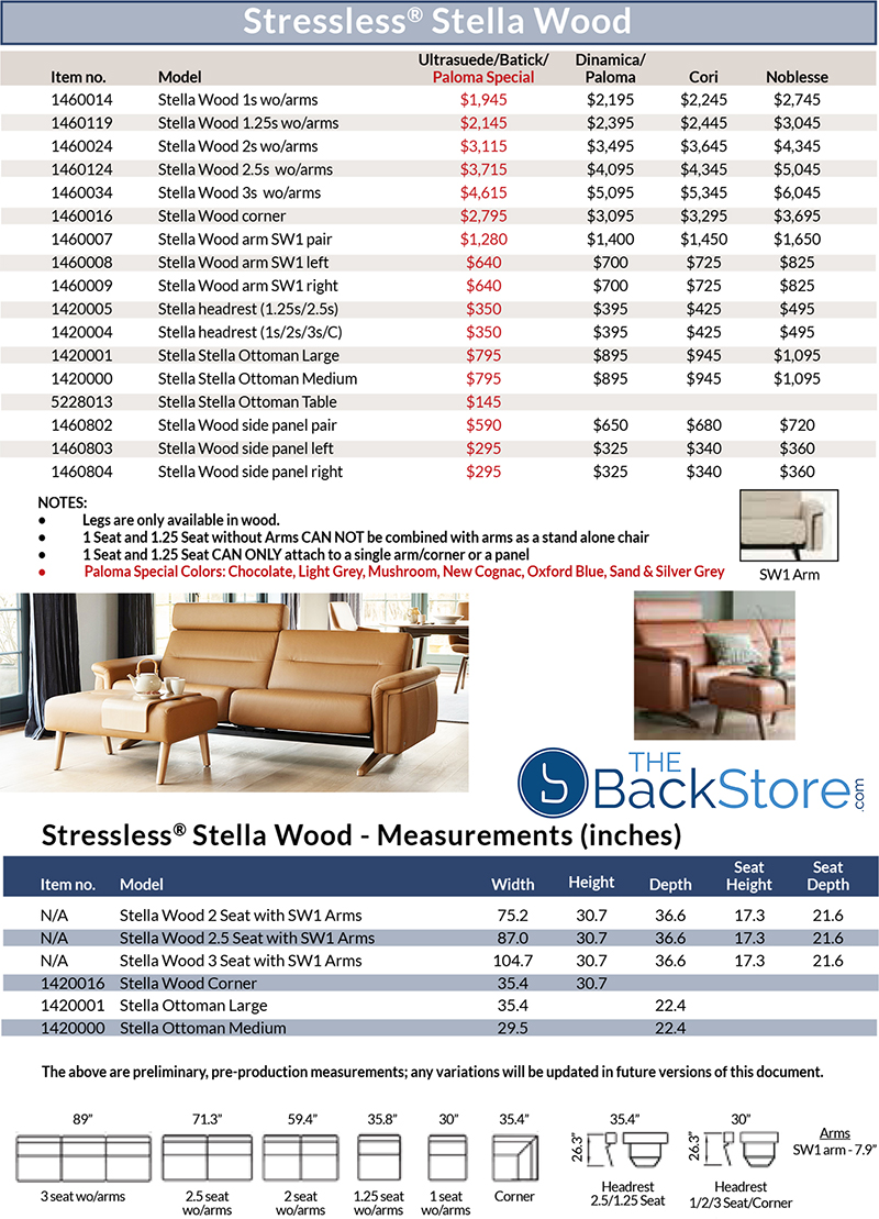 Stressless Stella Sofa, Loveseat and Sectional with wood Accent Arms Product Dimensions