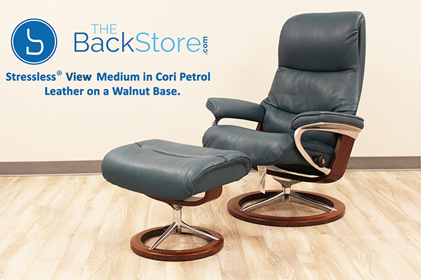 Stressless View Signature Recliner Chair and Ottoman in Cori Petrol Leather