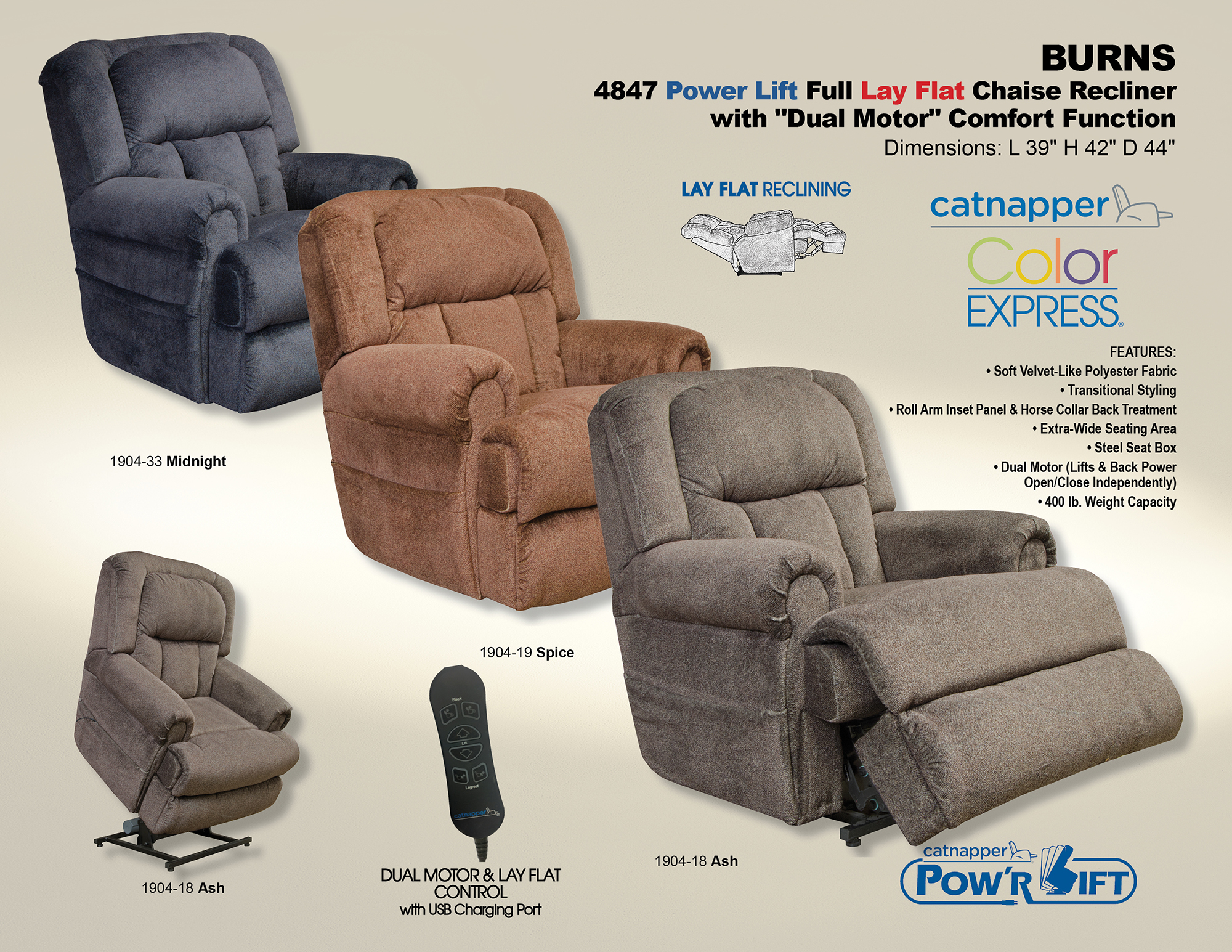 Catnapper Burns 4847 Dual Motor Power Lift Chair Recliner To 400lbs