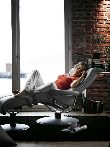 Stressless Blues Paloma Grey Leather Recliner and Ottoman by Ekornes