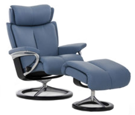 Stressless Magic Signature Chrome Wood Base Recliner Chair and Ottoman - Blue
