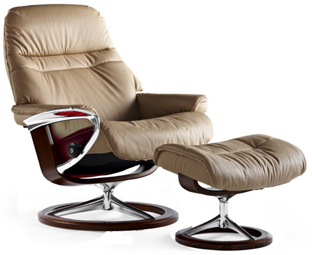 Stressless Sunrise Signature Chrome Wood Base Recliner Chair and Ottoman