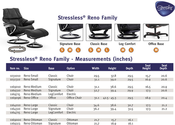 Stressless Reno Recliner Chair and Ottoman Size Dimensions