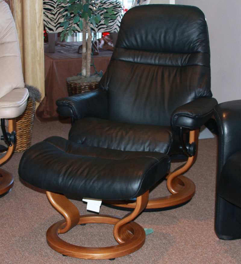 Stressless Sunrise Paloma Black Leather Recliner Chair and  Ottoman - Teak Wood