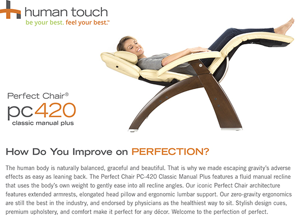 PC-420 Classic Manual Plus Perfect Chair Zero Gravity Recliner by Human Touch