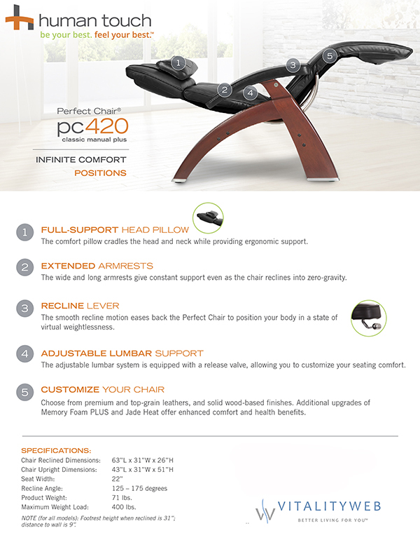PC-420 Classic Manual Plus Perfect Chair Zero Gravity Recliner Information by Human Touch