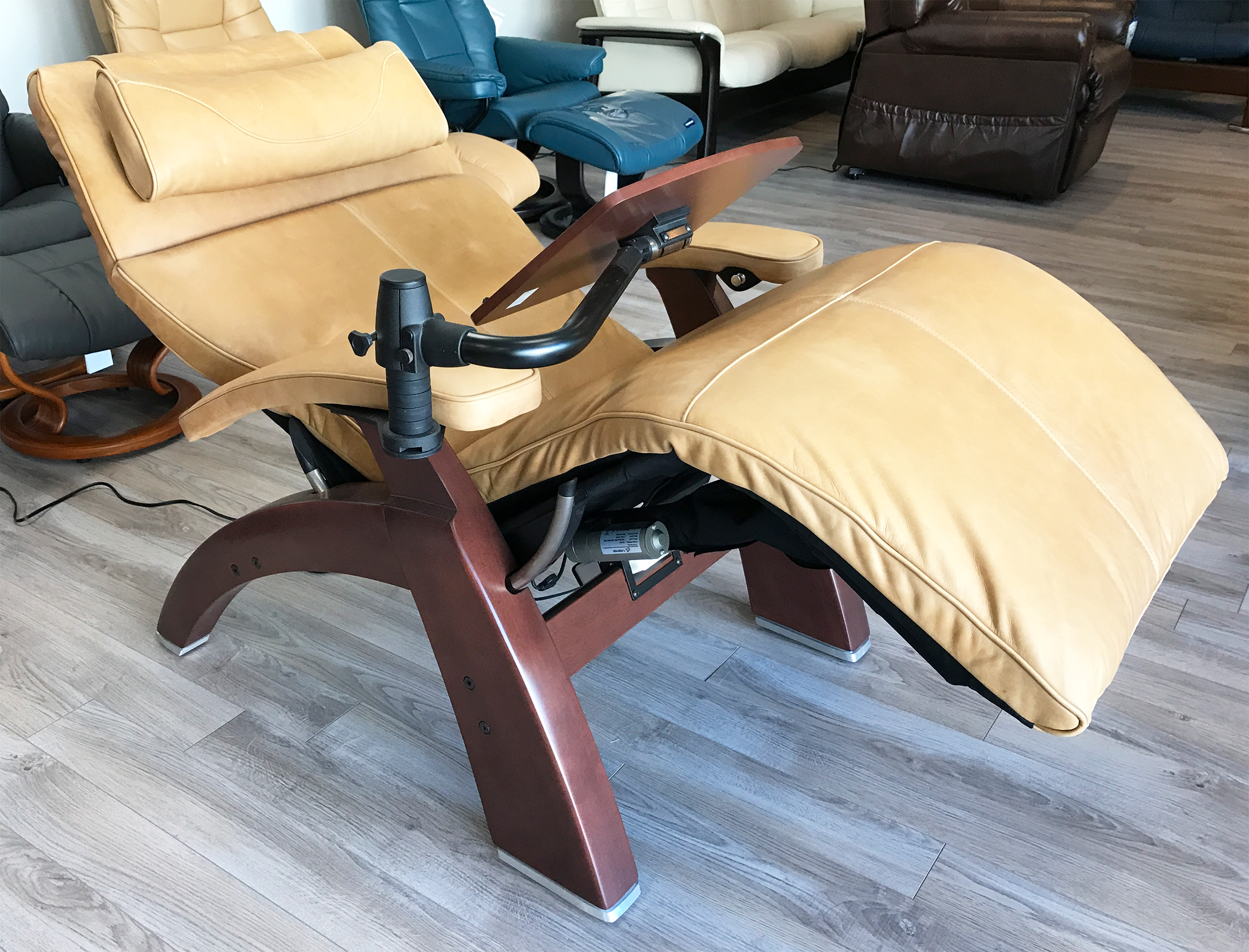 Perfect Chair Human Touch PC-610 Omni-Motion Power Dark Walnut Zero-Gravity Recliner + Laptop Personal Computer Desk Table - Sycamore Premium Leather