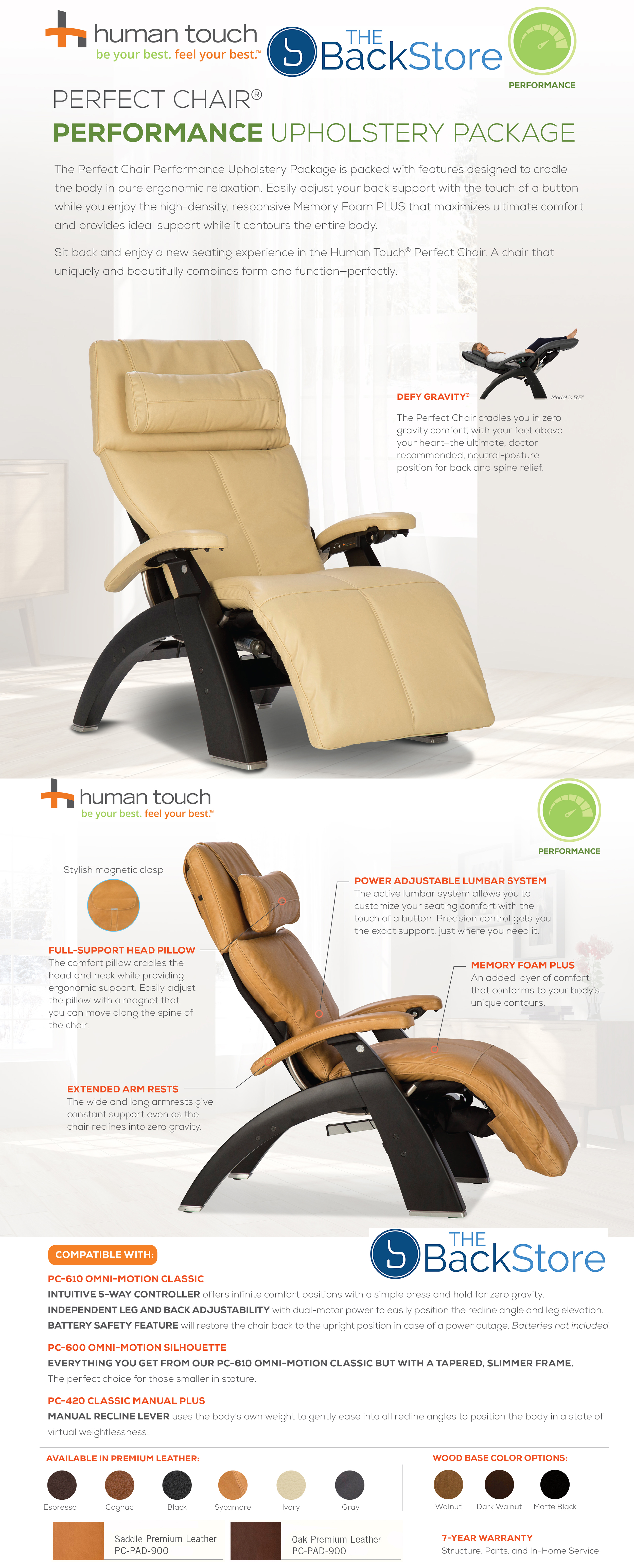 Perfect Chair Human Touch PC-610 Omni-Motion Power Dark Walnut Zero-Gravity Recliner + Laptop Personal Computer Desk Table - Sycamore Premium Leather