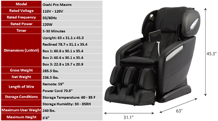 Osaki OS-Pro Maxim S L-Track Zero Gravity Massage Chair Recliner Dimensions