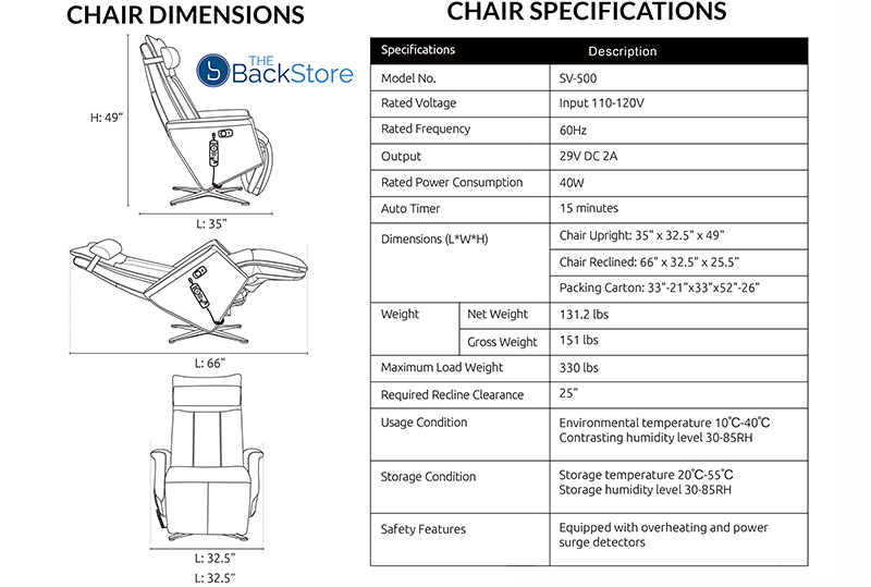 Svago Swivel SV-500 Leather Zero Anti Gravity Recliner Chair Dimensions